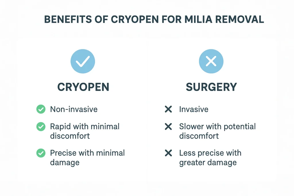 Benefits of cryopen for milia removal Abbots Langley compared to surgical treatments.