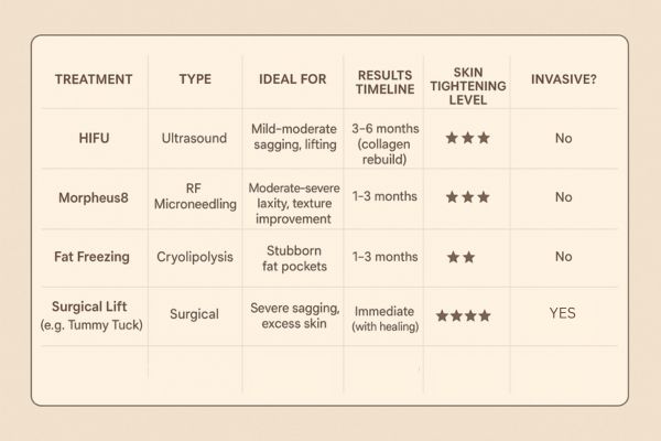 Table showing the comparisons of Skin tightening Abbots Langley treatment options.